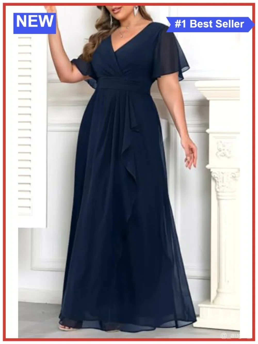 Plus Size Chiffon Formal Dress V-Neck Ruffle Long Sleeve Floor Length